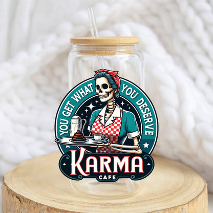 Karma Cafe design on a 16 oz glass tumbler