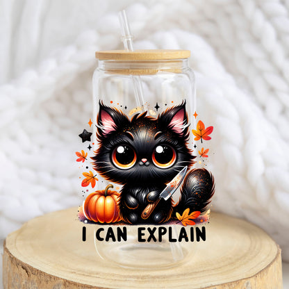 I Can Explain Black Cat design on a 16 oz glass tumbler