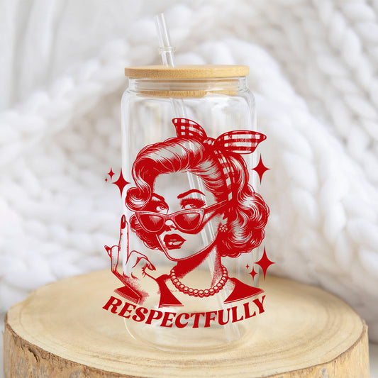 Respectfully Retro design on a 16 oz glass tumbler