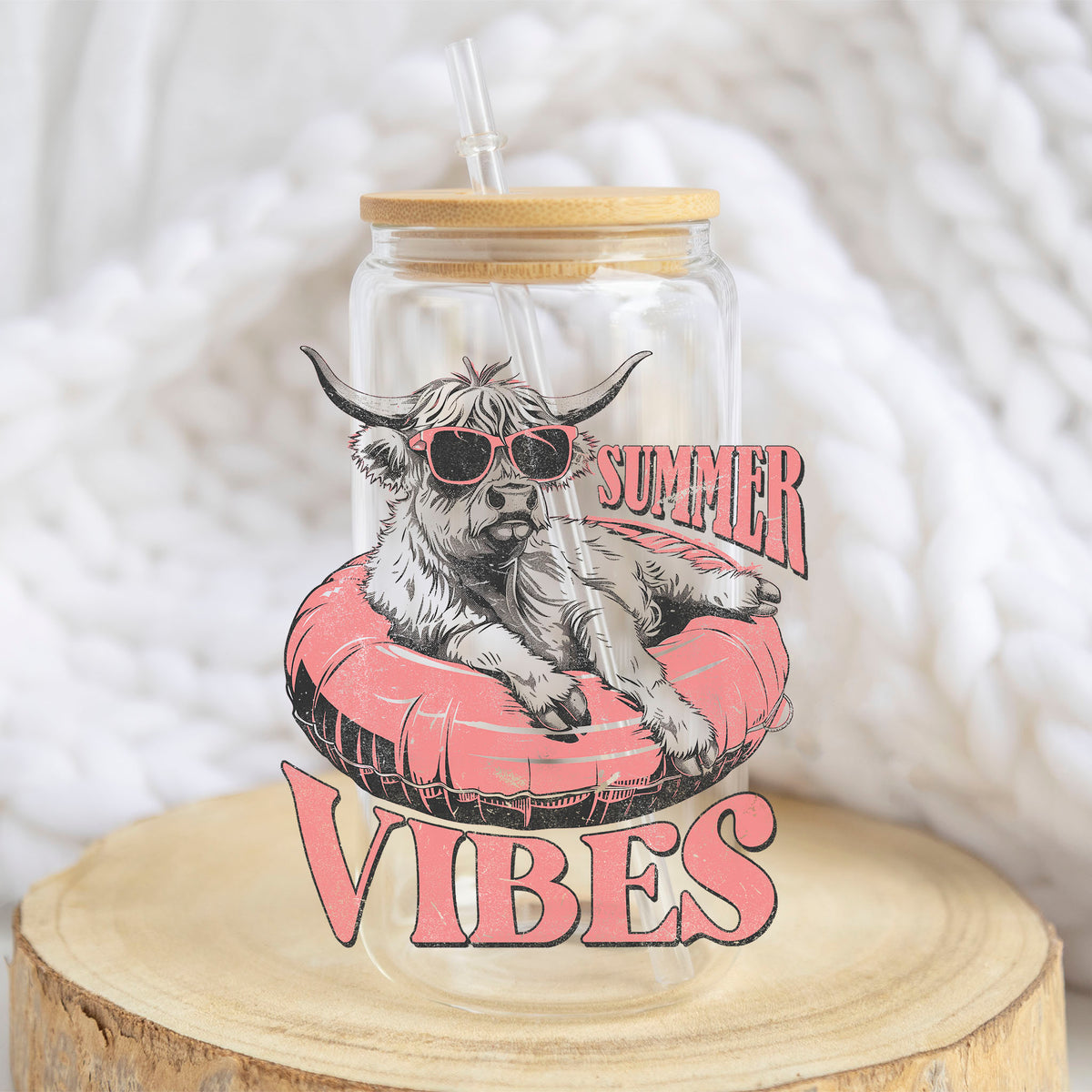 Summer Vibes Cow design on a 16 oz glass tumbler