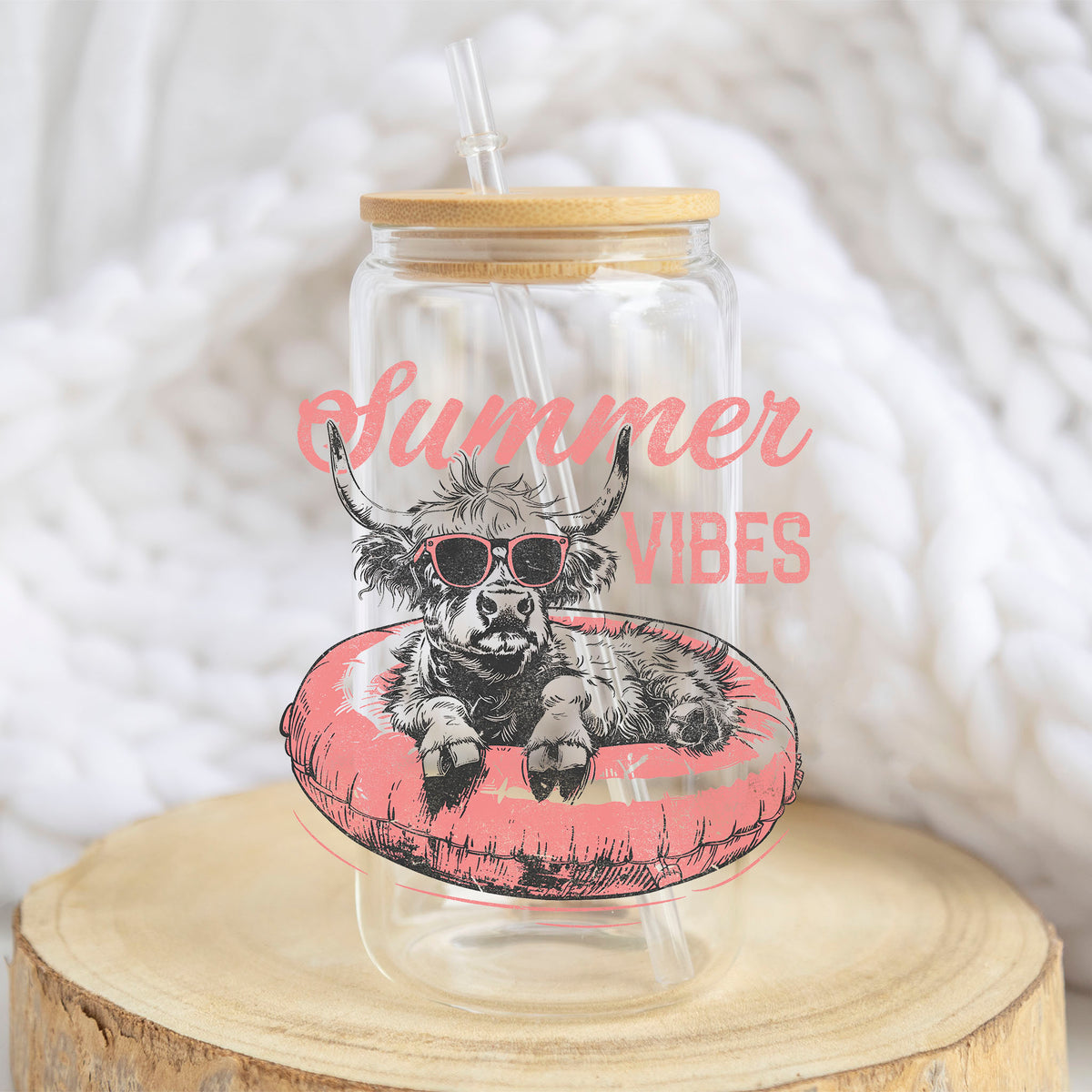 Summer Vibes Cow Retro design on a 16 oz glass tumbler