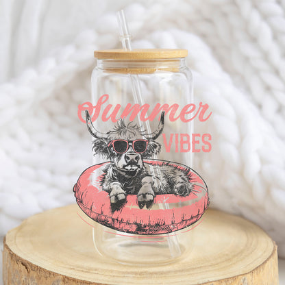 Summer Vibes Cow Retro design on a 16 oz glass tumbler