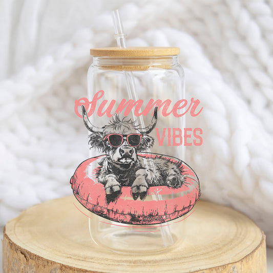 Summer Vibes Cow Retro design on a 16 oz glass tumbler