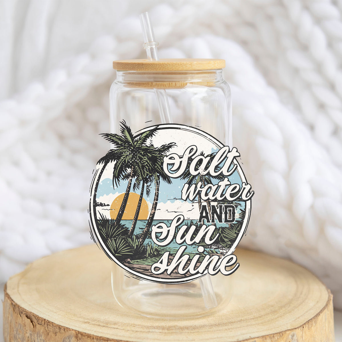 Salt Water and Sunshine Palms design on a 16 oz glass tumbler