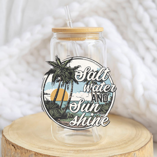 Salt Water and Sunshine Palms design on a 16 oz glass tumbler