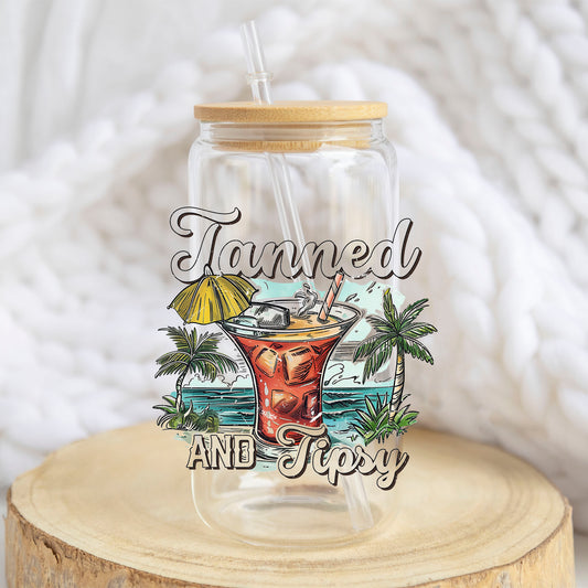 Tanned and Tipsy Cocktail design on a 16 oz glass tumbler
