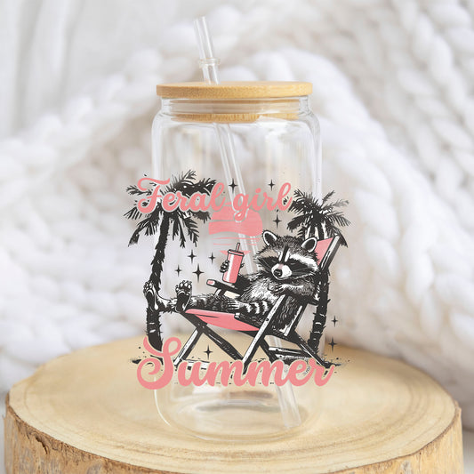 Feral Girl Summer Beach Chair design on a 16 oz glass tumbler