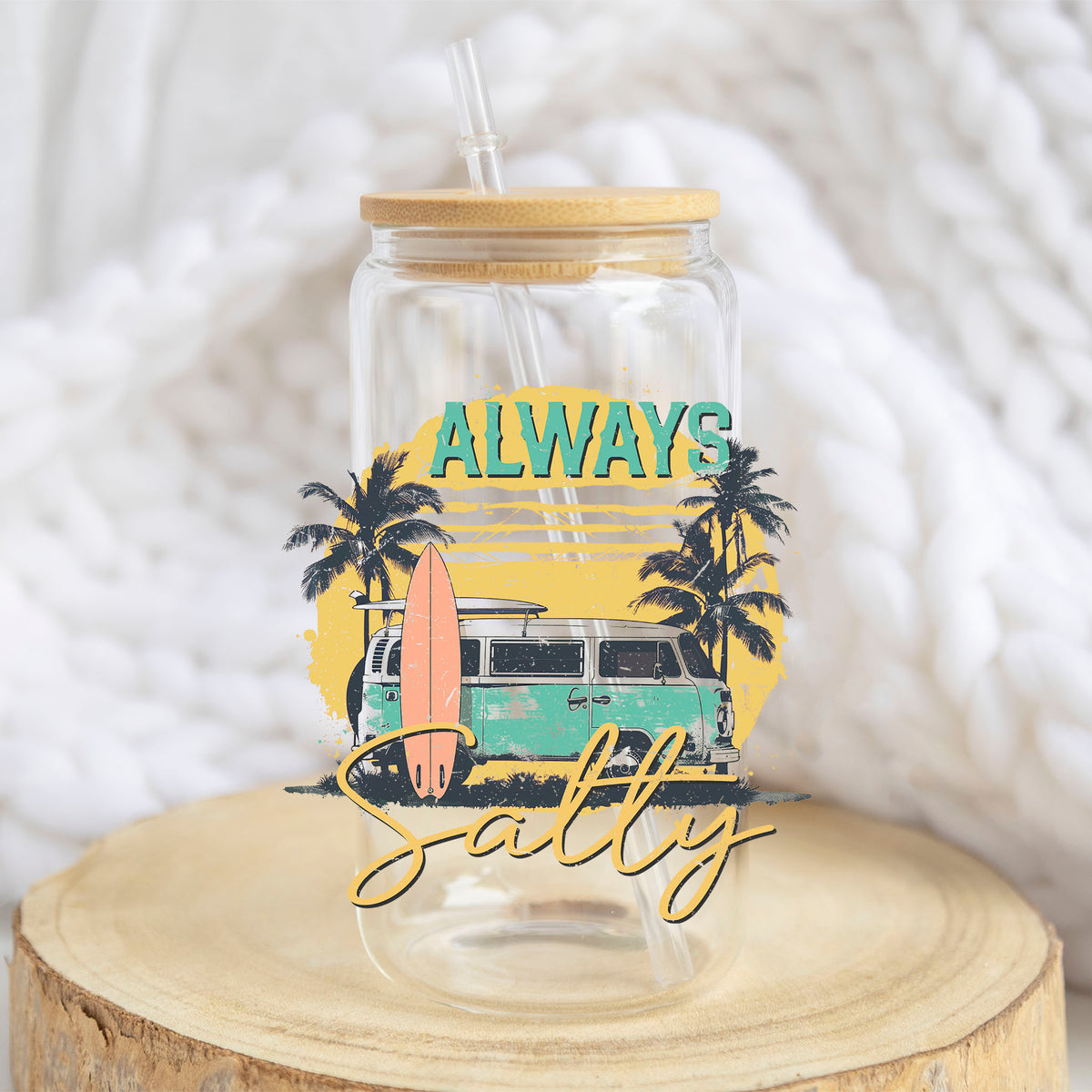 Always Salty Surf Van design on a 16 oz glass tumbler