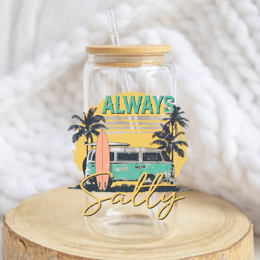 Always Salty Surf Van design on a 16 oz glass tumbler