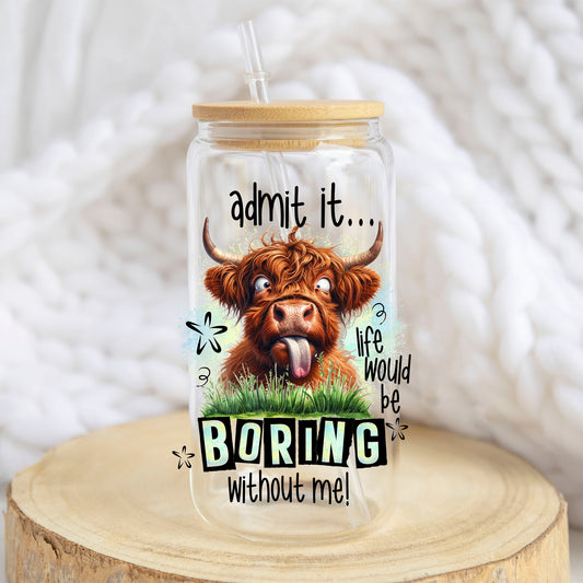 Life Would Be Boring Without Me design on a 16 oz glass tumbler