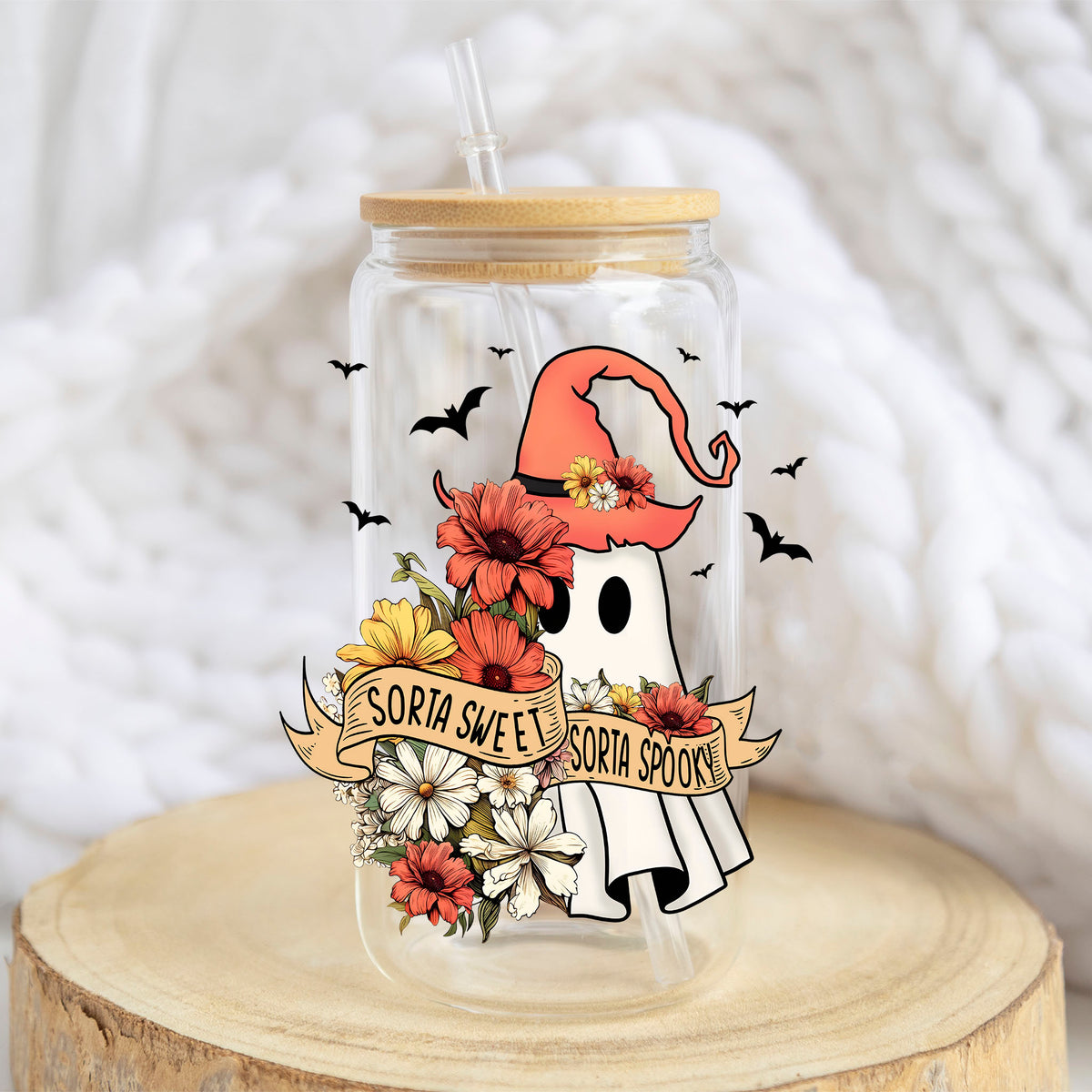 Sorta Sweet Sorta Spooky design on a 16 oz glass tumbler