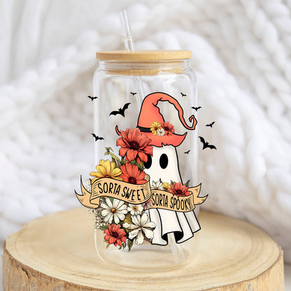 Sorta Sweet Sorta Spooky design on a 16 oz glass tumbler