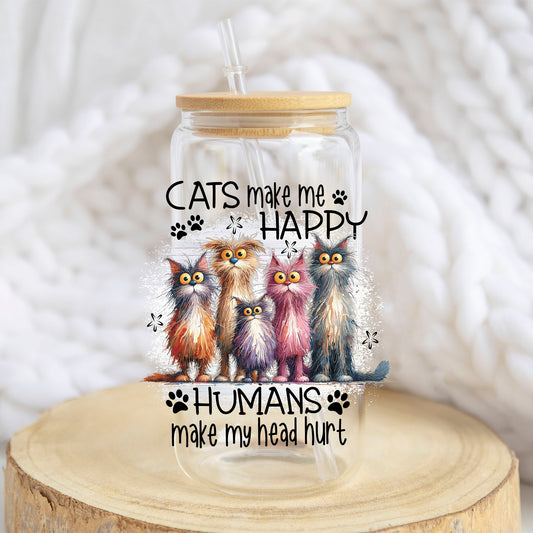 Cats Make Me Happy design on a 16 oz glass tumbler