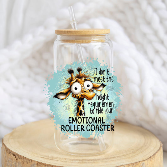 Emotional Roller Coaster Giraffe design on a 16 oz glass tumbler