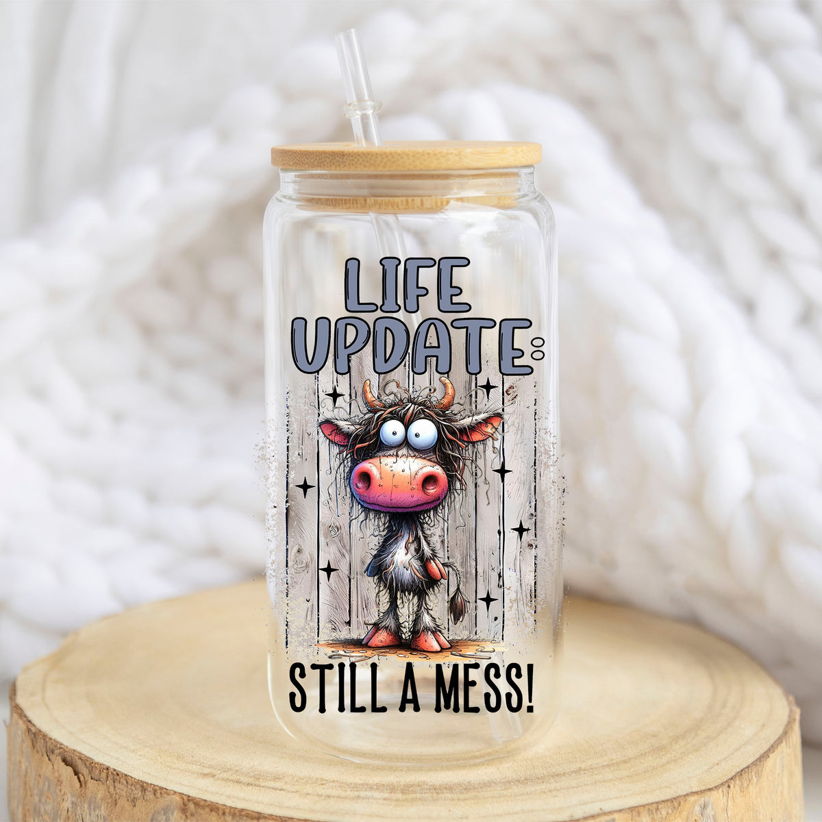 Life Update Still a Mess design on a 16 oz glass tumbler