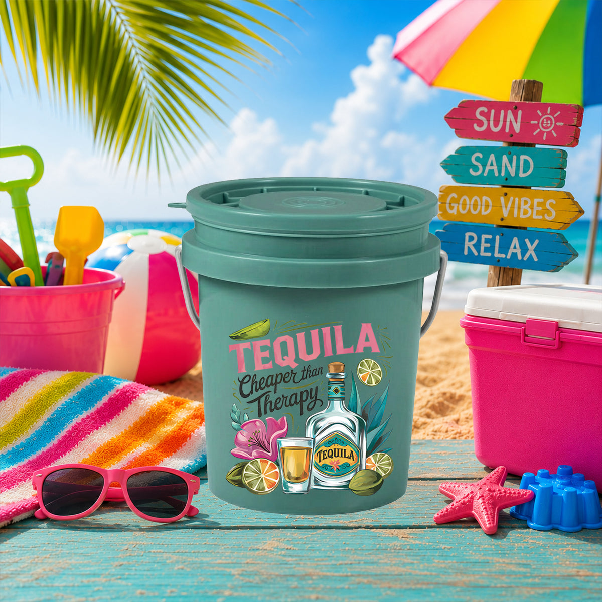 Tequila Cheaper Than Therapy UV DTF transfer on a teal mini bucket on the beach