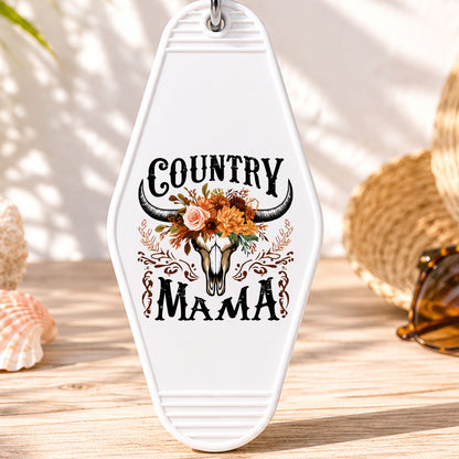 Country Mama UV DTF transfer on a white motel keychain with beach decor