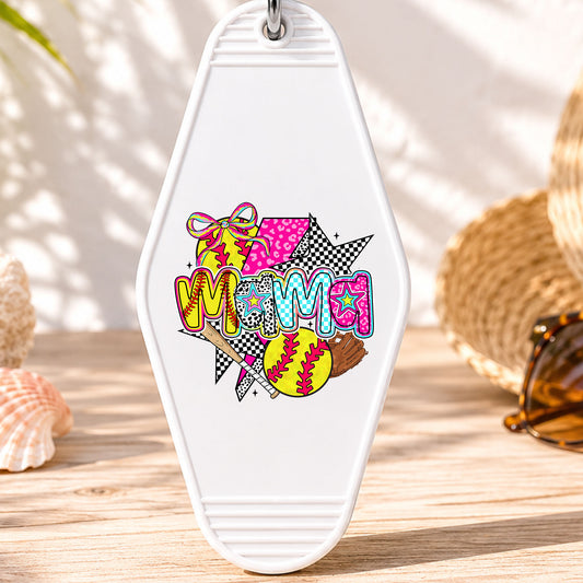 Softball Mama UV DTF transfer on a white motel keychain with beach decor