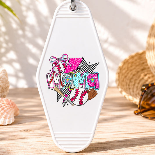 Baseball Mama UV DTF transfer on a white motel keychain with beach decor