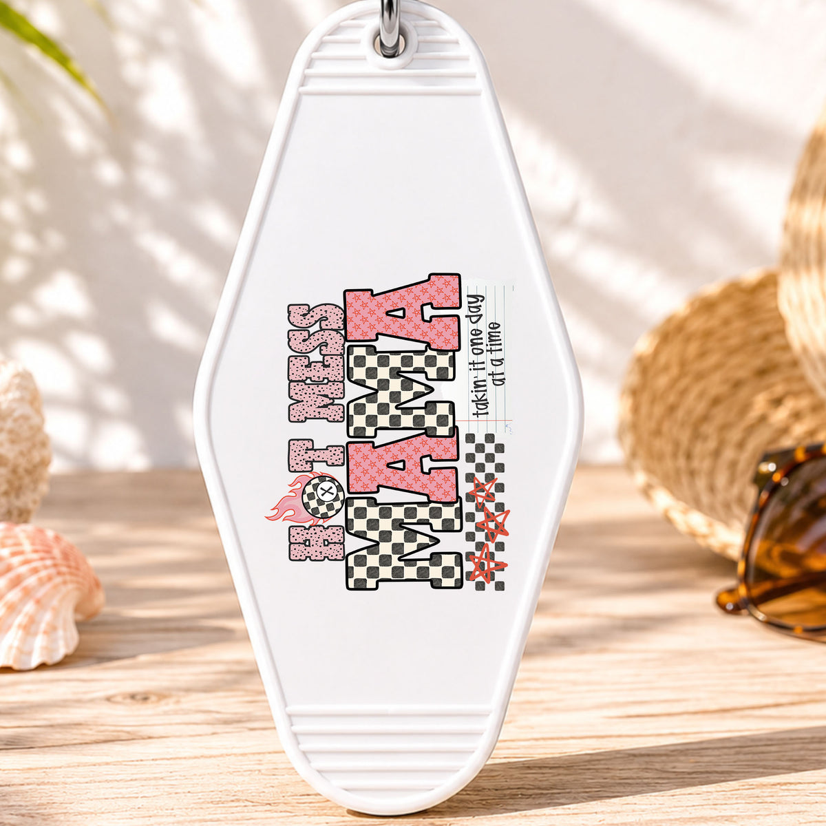 Hot Mess Mama UV DTF transfer on a white motel keychain with beach decor