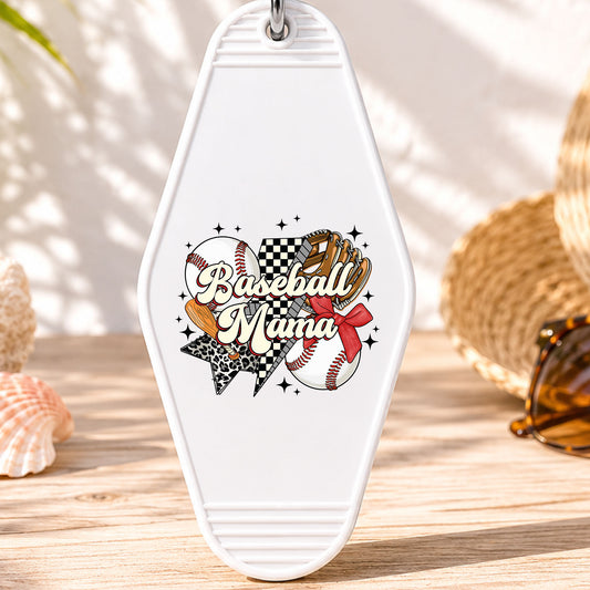 Baseball Mama UV DTF transfer on a white motel keychain with beach decor