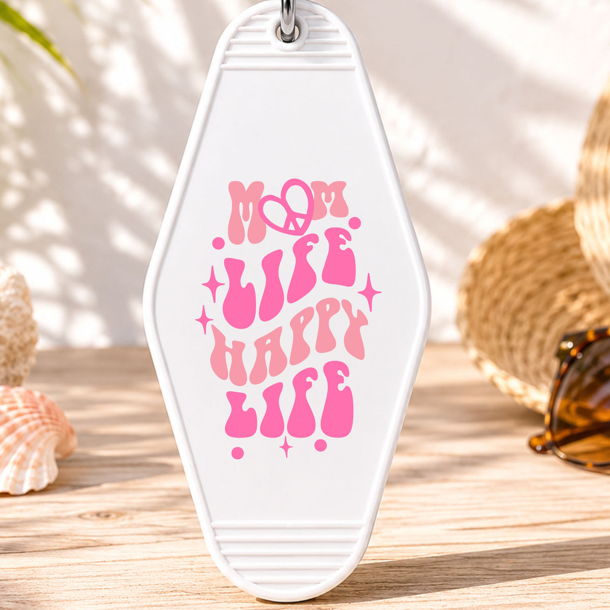 Mom Life Happy Life UV DTF transfer on a white motel keychain with beach decor