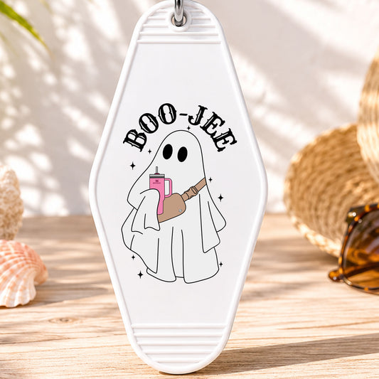 Boo Jee UV DTF transfer on a white motel keychain with beach decor