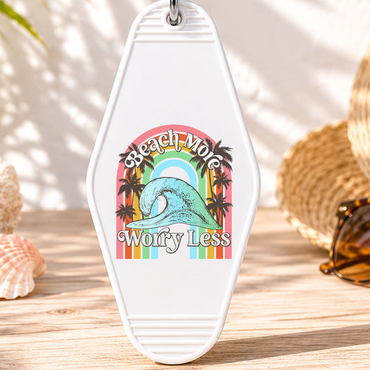 Beach More Worry Less UV DTF transfer on a white motel keychain with beach decor