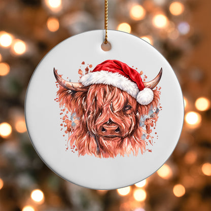 Highland Cow Santa Hat ornament UV DTF transfer on a round white ornament with a bokeh light background