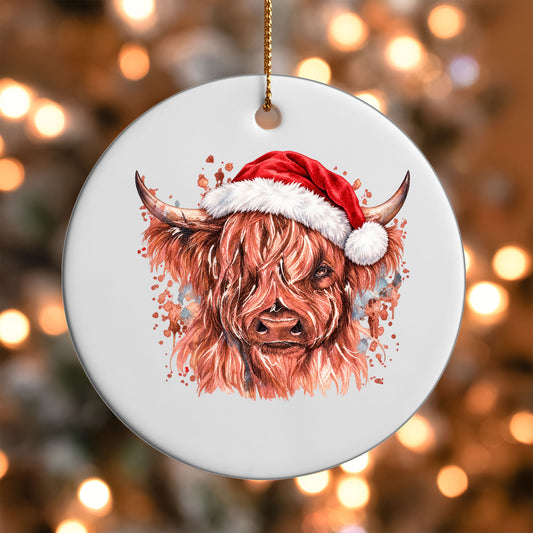 Highland Cow Santa Hat ornament UV DTF transfer on a round white ornament with a bokeh light background