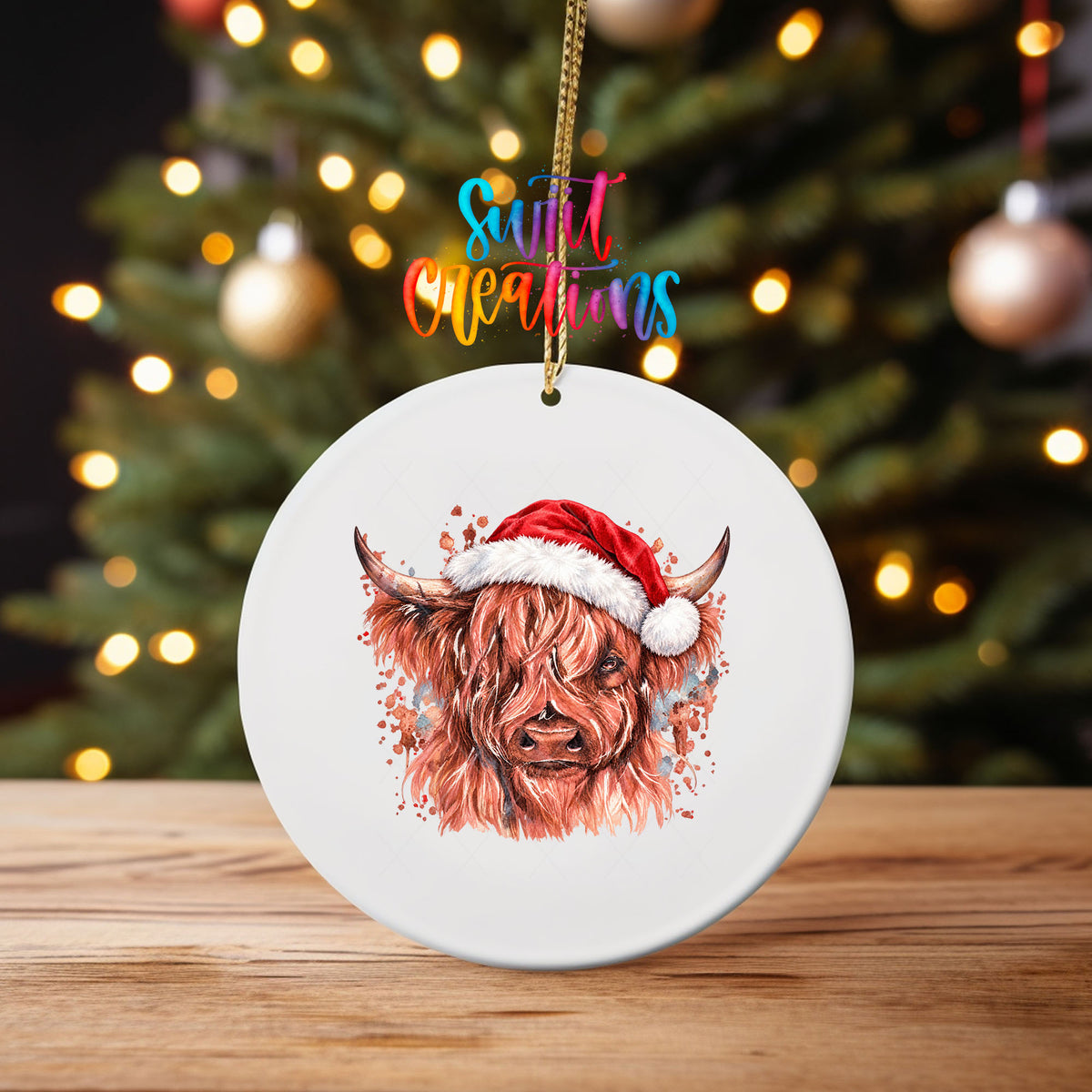 Highland Cow Santa Hat ornament UV DTF transfer on an ornament on a wooden table with tree lights behind it