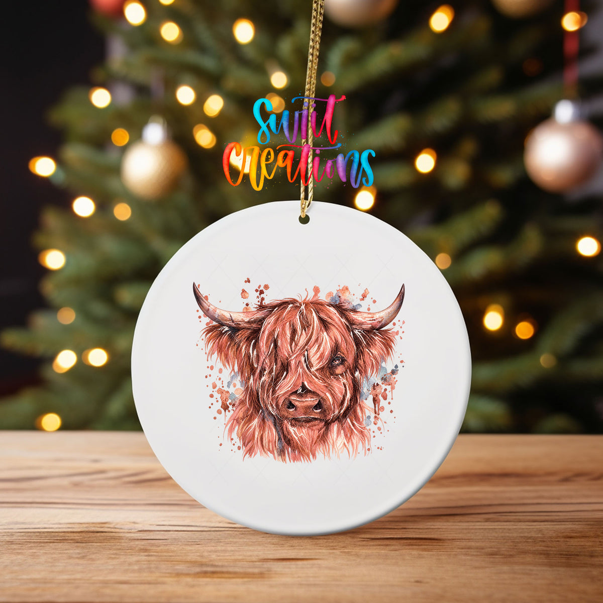 Rose-toned Highland Cow ornament UV DTF transfer on an ornament on a wooden table with tree lights behind it