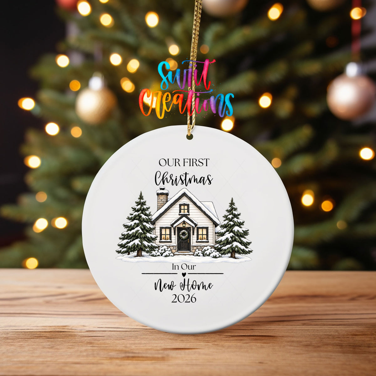 Our First Christmas New Home ornament UV DTF transfer on an ornament on a wooden table with tree lights behind it