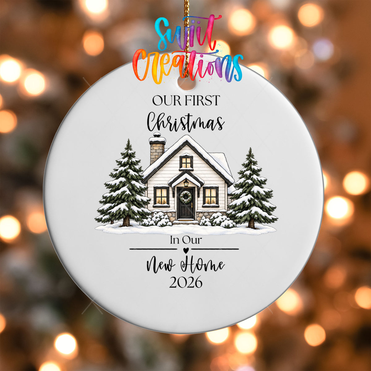 Close-up of the Our First Christmas New Home UV DTF transfer on a round white ornament