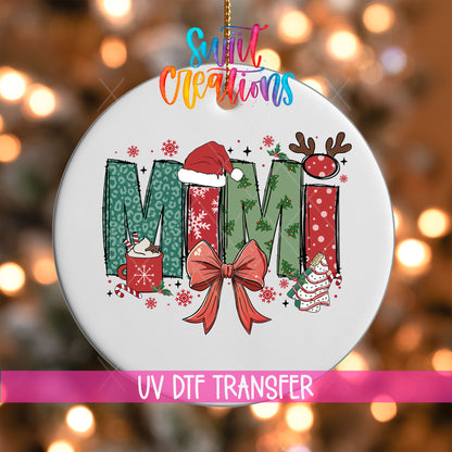 Mimi UV DTF transfer on a white ornament with a pink UV DTF Transfer banner and bokeh lights