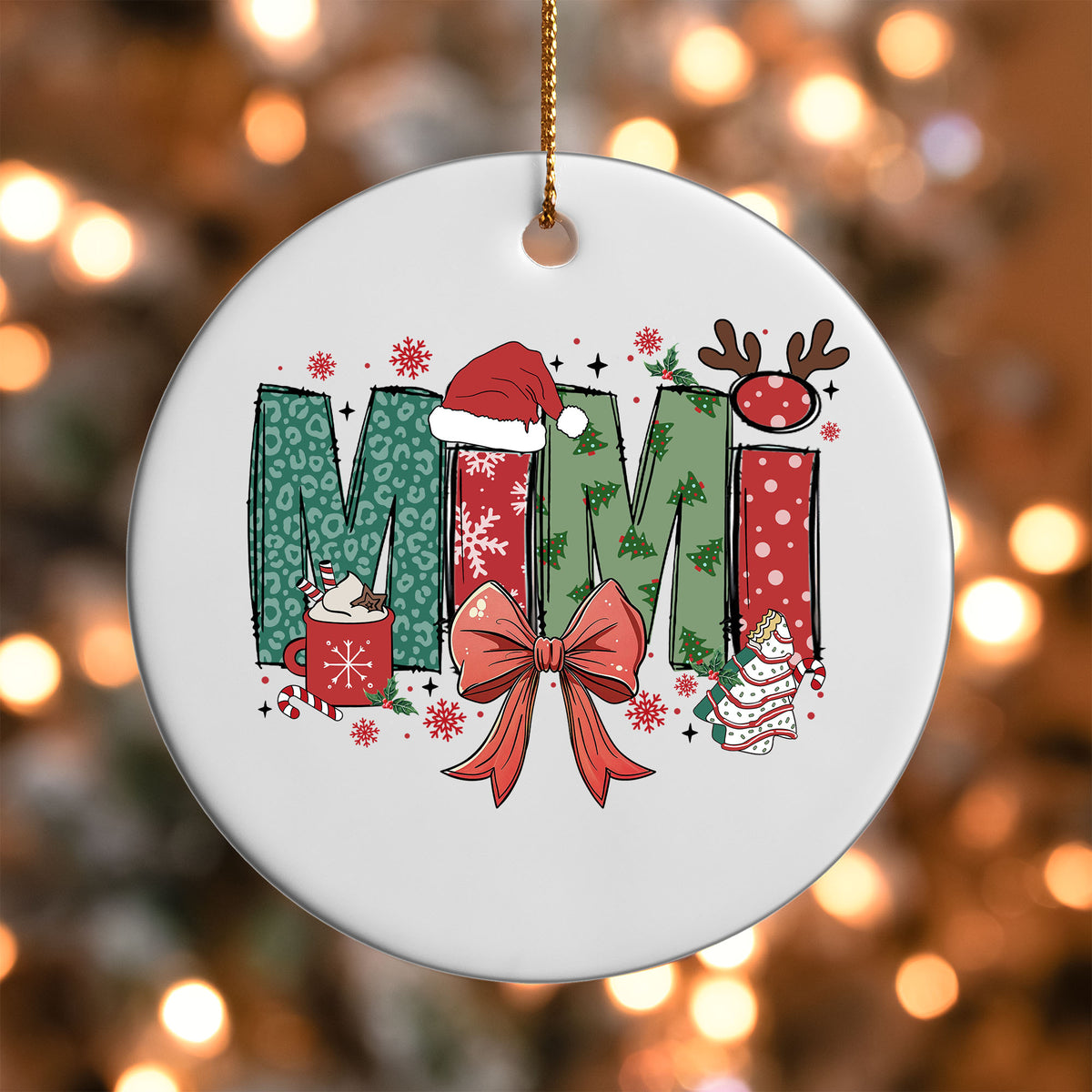 Mimi ornament UV DTF transfer on a round white ornament with a bokeh light background