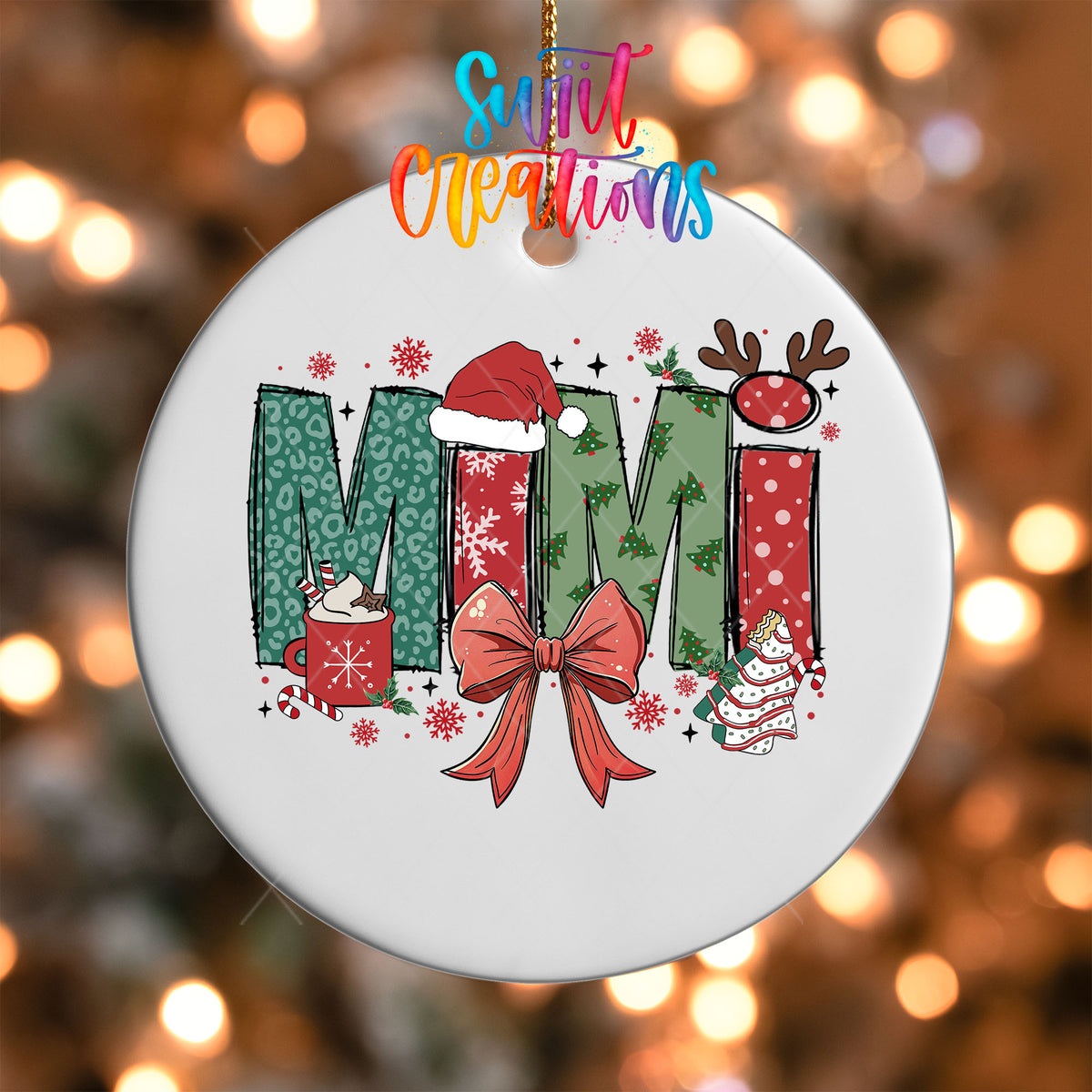 Close-up of the Mimi UV DTF transfer on a round white ornament