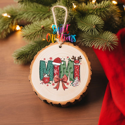 Mimi UV DTF transfer on a wood slice ornament with pine branches and a red stocking