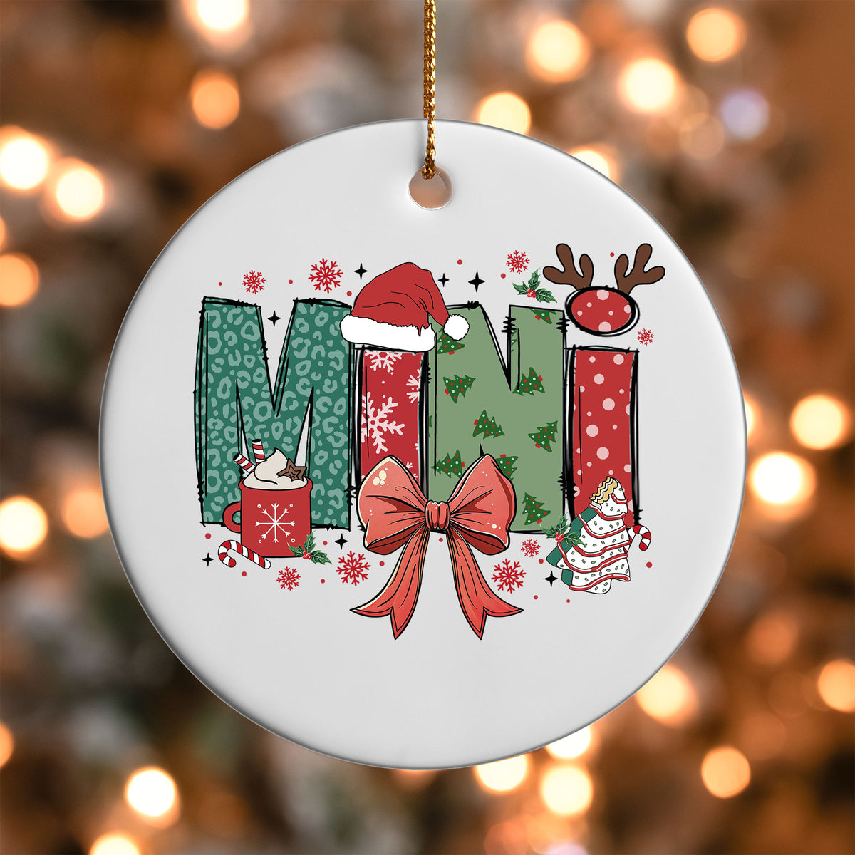 Mini ornament UV DTF transfer on a round white ornament with a bokeh light background