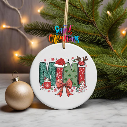 Mini ornament UV DTF transfer on a hanging ornament with pine branches and a gold bauble