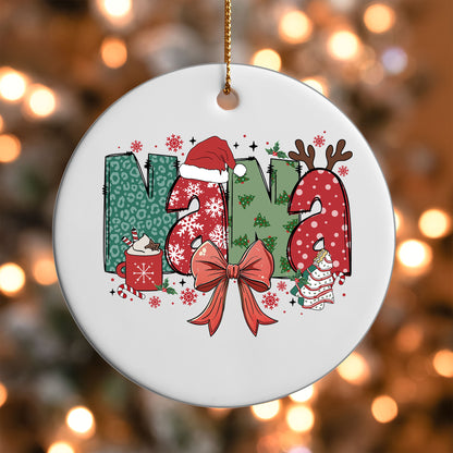 Nana ornament UV DTF transfer on a round white ornament with a bokeh light background