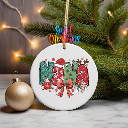 Nana ornament UV DTF transfer on a hanging ornament with pine branches and a gold bauble
