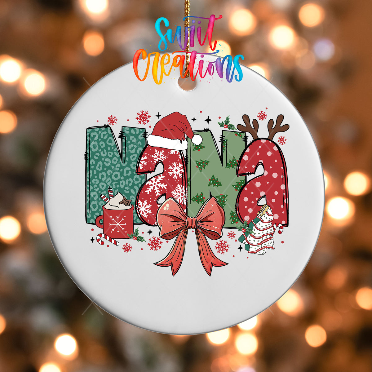 Close-up of the Nana UV DTF transfer on a round white ornament