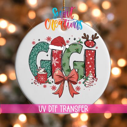 Gigi UV DTF transfer on a white ornament with a pink UV DTF Transfer banner and bokeh lights