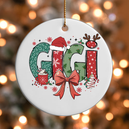 Gigi ornament UV DTF transfer on a round white ornament with a bokeh light background