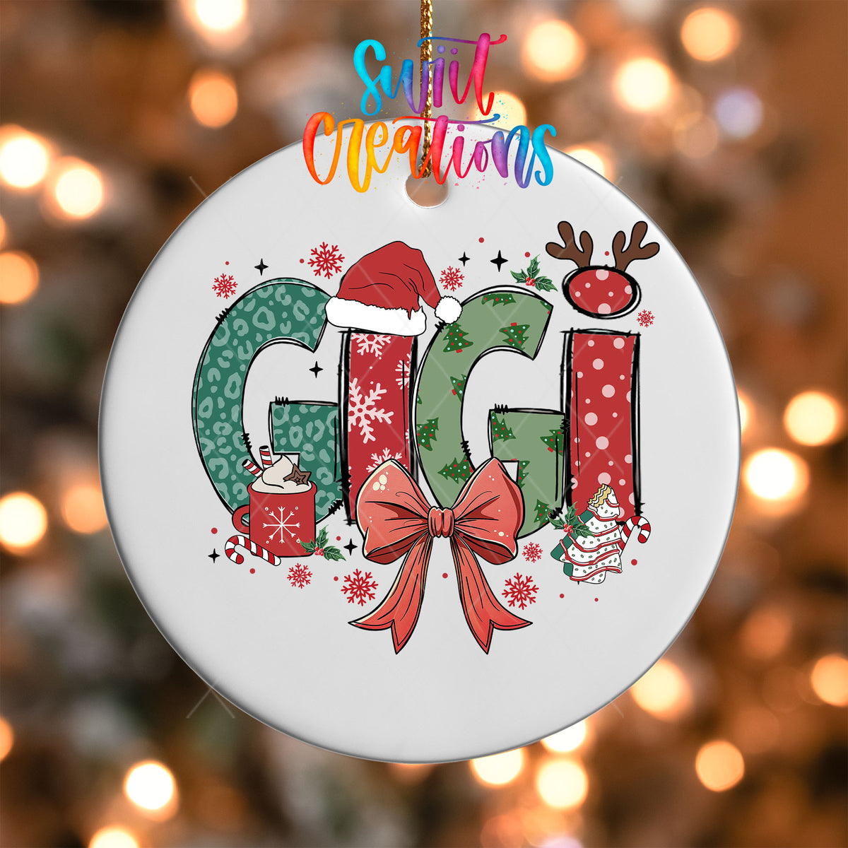 Close-up of the Gigi UV DTF transfer on a round white ornament