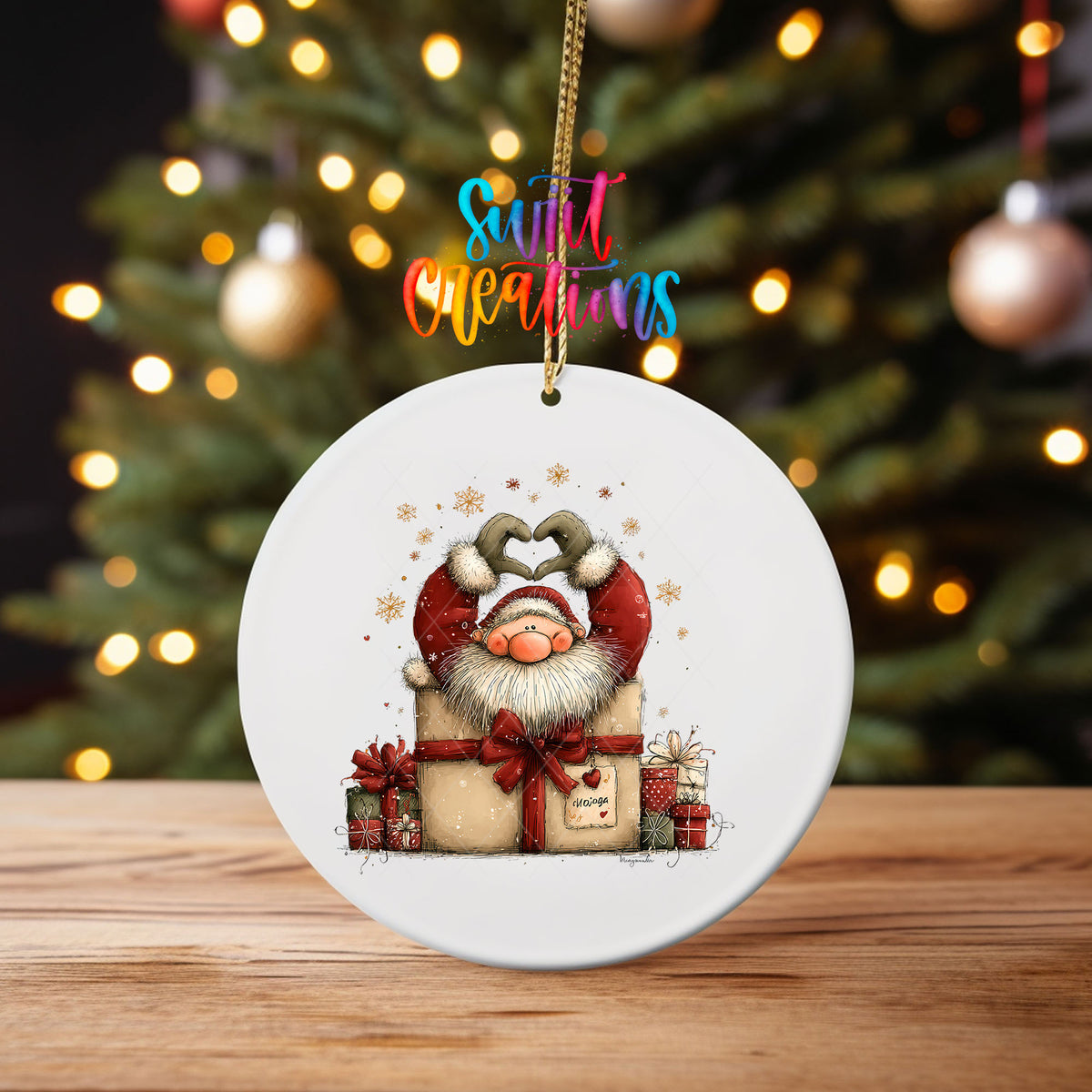 Cute Santa in a gift box ornament UV DTF transfer on an ornament on a wooden table with tree lights behind it