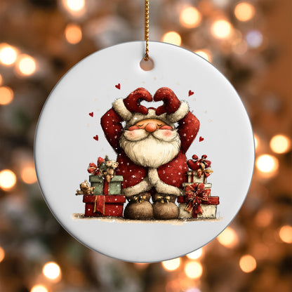 Cute Santa making a heart over his head with gifts ornament UV DTF transfer on a round white ornament with a bokeh light background