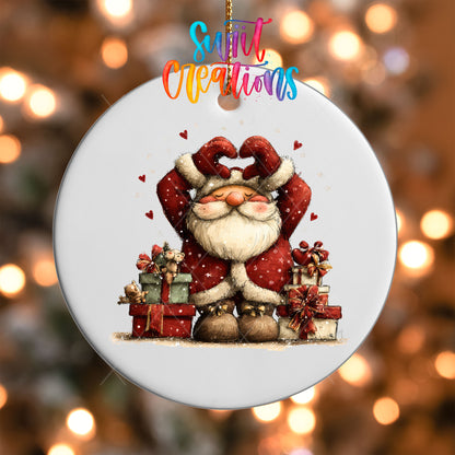 Close-up of the Cute Santa making a heart over his head with gifts UV DTF transfer on a round white ornament