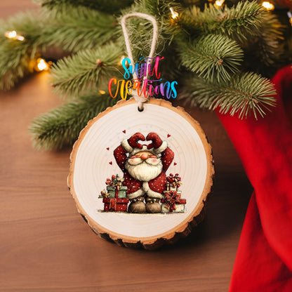 Cute Santa making a heart over his head with gifts UV DTF transfer on a wood slice ornament with pine branches and a red stocking